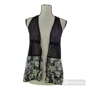 Self Esteem Women’s Sheer Polka Dot Floral Print Vest Top Size Medium Black Whit